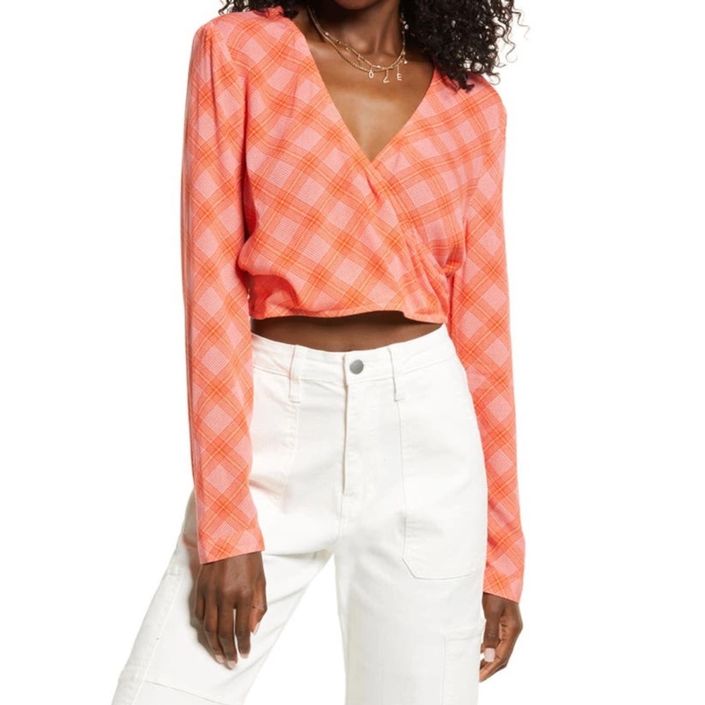 NEW 2021 Nordstrom Surplice V-Neck Crop Top Orange Plaid Size Large‎ Long Sleeve